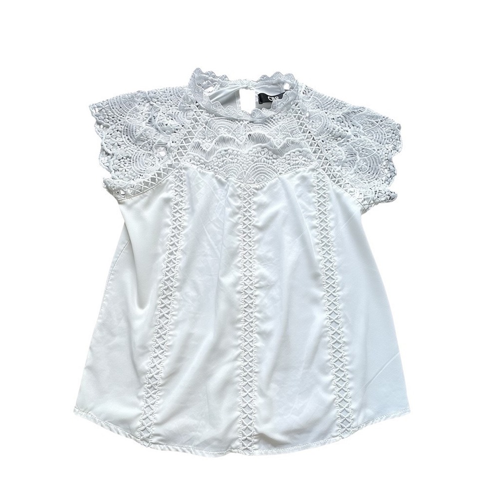 CBR White Crochet Lace Mock Neck Blouse Short Sleeve Boho Top Womens Medium